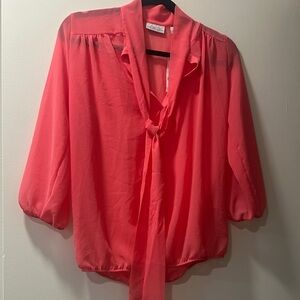 Sweet Pea- sheer Pink/salomon colored Blouse with Tie Neck